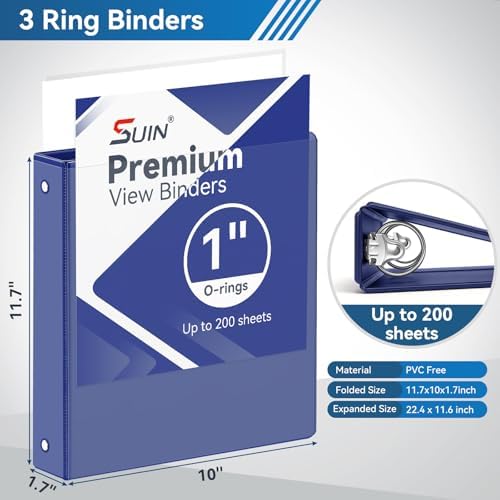 SUIN 1-inch 3 Ring Binder with 2 Interior Pockets, 1''Durable Binders Holds US Letter Size 8.5'' x 11'' Paper - Versatile Binders for Office, Home, and School Use, 6 Pack, Assorted Rainbow Colors - Image 2