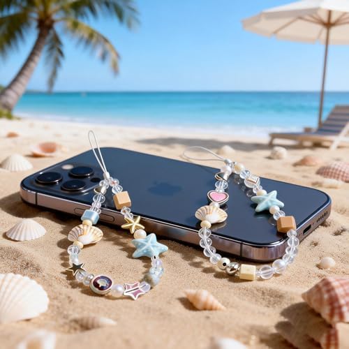 2 Pcs Phone Charm Strap Universal Hand Phone Wrist Strap Camera Lanyard Pearl Beaded Cute Chain String Accessories Universal for iPhone 16 Pro Max Samsung Women Girls Phones Bag Keychain Beach Style - Image 5