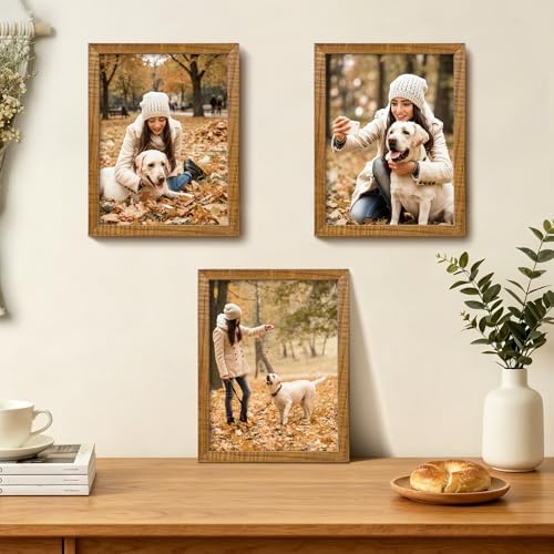 Egofine 9x12 Picture Frames 4PCS Covered by Plexiglass,Solid Wood Frames for Pictures 5x7/6x8 with Mat or 9x12 without Mat, Tabletop and Wall Mounting Display, Teak Wood - Image 2