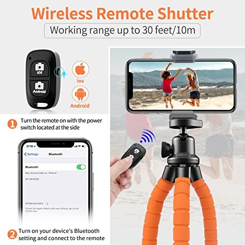 Aureday Phone Tripod, Flexible Tripod for iPhone and Android, Portable with Wireless Remote and Clip for Video Recording/Vlogging/Selfie (Orange) - Image 2