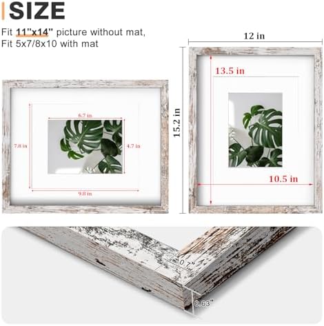 Egofine 11x14 Picture Frame Rustic White 4 Pack - Photo Frame Made of Solid Wood Covered by Plexiglass for Table Top Display Pictures 5x7/8x10 with Mat or 11x14 Without Mat - with Wall Mounting - Image 3