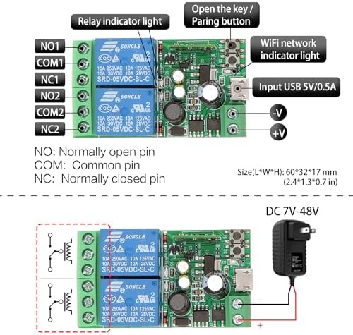 DieseRC 2 Channels WiFi Smart Switch, DC 5V 12V 24V 36V Passive Output Relay Module Ewelink APP WiFi Control Compatible with Alexa/Google Home, Inching/Self-Locking Switch - Image 6