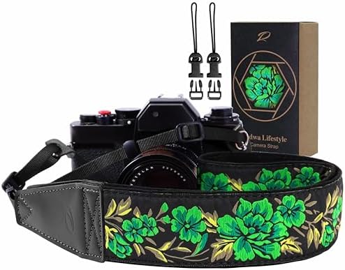 Padwa Lifestyle Green Rose Camera Strap - 2" Full Grain Leather Ends Camera Straps for Photographers, Vintage Embroidered Cotton Soft Suede Fabric Padded Strap Quick Release fits All Cameras by PadwaLifestyleCameraStrap
