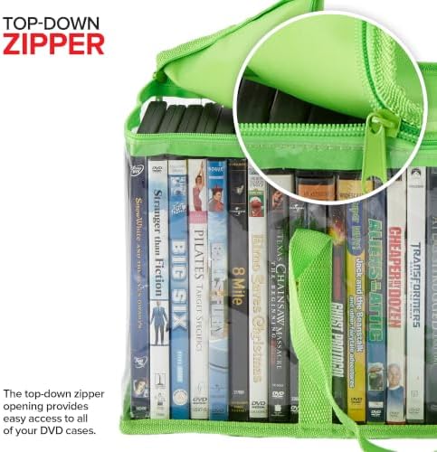 Stock Your Home DVD Storage Bags (Set of 4) Media Organizer Bag for DVDs, CDs, Blu Ray Disc, Movie Cases, VHS Box, Video Game Disks, Clear Plastic Holders with Carrying Handles and Zipper - Green - Image 4