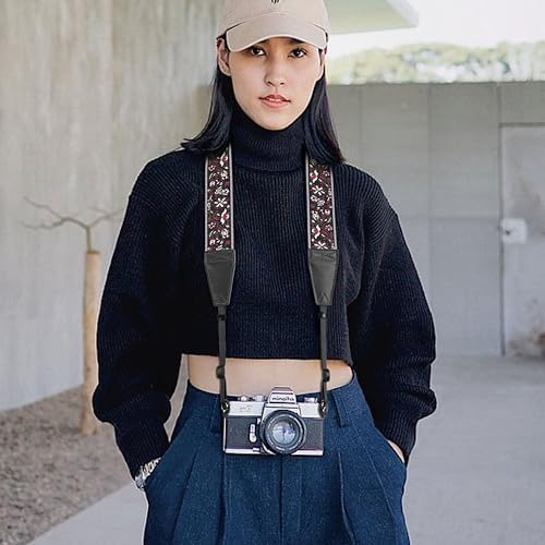 Padwa Lifestyle Camera Strap - 2" Full Grain Leather Ends Camera Straps for Photographers, Vintage Embroidered Cotton Weave Soft Strap Quick Release fits All Cameras - Image 2