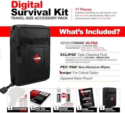 Photographic Solutions Digital Survival Kit - Type-1 (20mm) Sensor Swab, PEC-PAD Photo Wipes, E-Wipe Packet, Eclipse Optic Cleaning Fluid - Camera Cleaning Kit with Travel Bag - Image 2