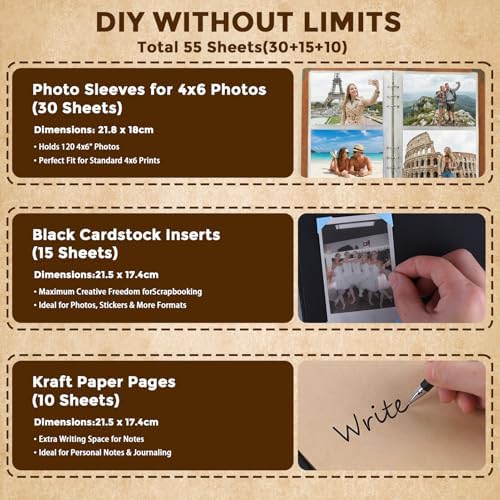 Vintage PU Leather DIY Scrapbook, 6-Ring Refillable 180° Lay Flat Photo Album Holds 220 4x6 Photos, 25 Blank Pages, Gift for Wedding Baby Travel Family- Brown - Image 5