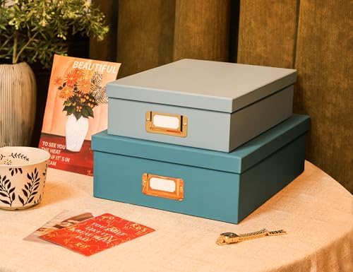 2-Piece Decorative Storage Boxes with Lids, Ocean Blue and Sky Blue combination Document Organizers with Gold Label Holders, Home Decor, Photo Storage, Files Organizer and Keepsake Box - Image 2