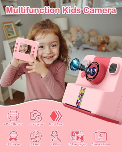 Kids Instant Print Camera, Selfie Camera Gift for Girls Boys 3-12, Pink - Image 3