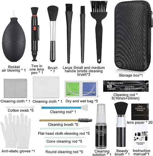 18-in-1 Professional Camera Cleaning Kit for Most DSLR Cameras (Canon, Nikon,Sony), with Air Blower/Cleaning Pen/Detergent/Cleaning Cloth/Lens Brush/Carry Case - Image 2