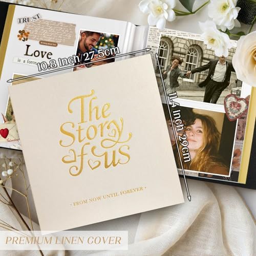 Lanpn Couples Scrapbook Photo Album - The Story of Us, Linen Wedding Anniversary Self Adheisve Picture Book holds 4x6 5x7 A5 Photo for Love Newlywed Valentine's Day (Small 20 Sheets/40 Pages, Beige) - Image 2