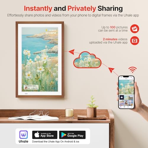 Uhale 21.5" Large Digital Picture Frame WiFi Wood with Remote Control, 1920 x 1080 FHD IPS No Touch Screen Electronic Photo Frames Wall Mount with 64GB, Support SD USB, Share Photos Videos Instantly - Image 2