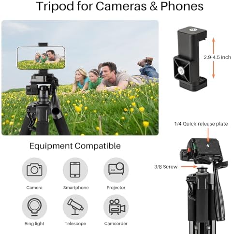 74'' Camera Tripod, Fotopro Lightweight Aluminum Travel Tripod for DSLR Camera and Phone with Detachable 3-Way Pan-Tilt Head Carry Bag and Mount Phone Stand for Video Recording Live Streaming - Image 6