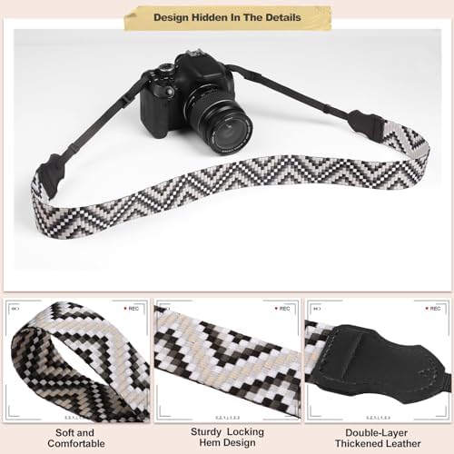 Universal Camera Strap - Camera Neck Strap, Adjustable Shoulder Straps Compatible with Canon, Fujifilm, Nikon, Olympus, Panasonic and other SLR and mirrorless cameras - Black White Gquares - Image 5