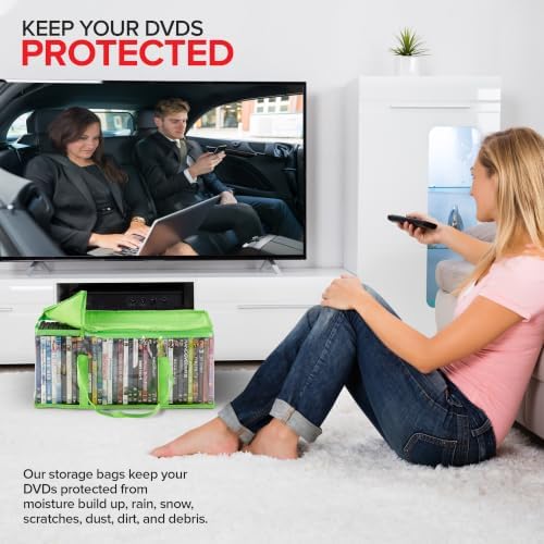Stock Your Home DVD Storage Bags (Set of 2) Media Organizer Bag for DVDs, CDs, Blu Ray Disc, Movie Cases, VHS Box, Video Game Disks, Clear Plastic Holders with Carrying Handles and Zipper - Green - Image 6