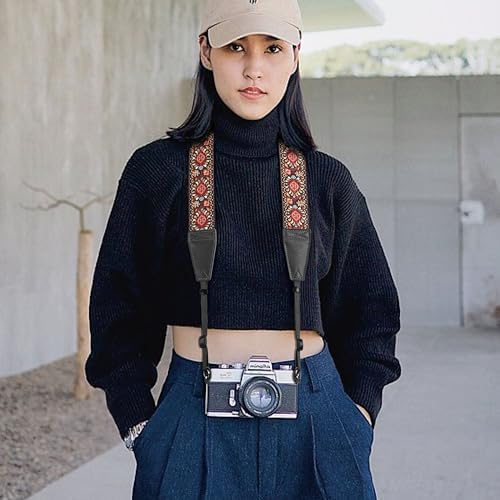 Padwa Lifestyle Red Flower Camera Strap - 2" Full Grain Leather Ends Camera Straps for Photographers, Vintage Embroidered Cotton Weave Soft Suede Fabric Padded Strap Quick Release fits All Cameras - Image 5