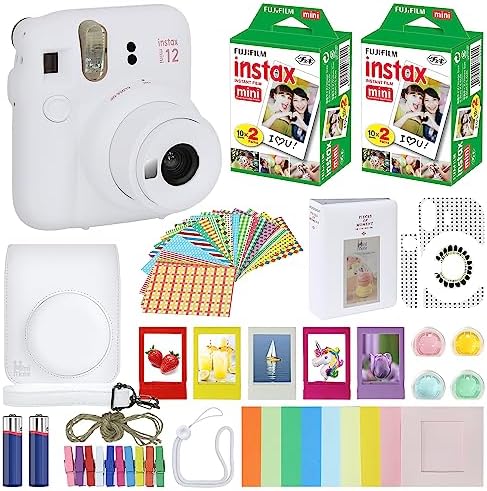 Fujifilm Instax Mini 12 Instant Camera Clay White + Carrying Case + Fuji Instax Film Value Pack (40 Sheets) Accessories Bundle, Color Filters, Photo Album, Assorted Frames by FUJIFILM