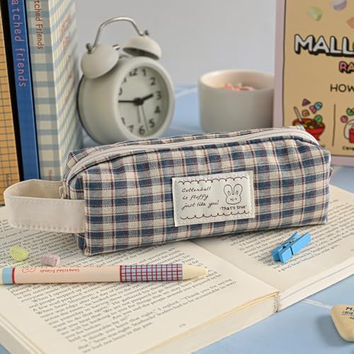 Monolike Unmatched Friends Fabric Check Block Pencil Case, Vintage blue - Aesthetic Gingham Pastel Desk Organizer, Soft Padded Makeup Brush Case, Trendy Minimalist Stationery Pouch - Image 3