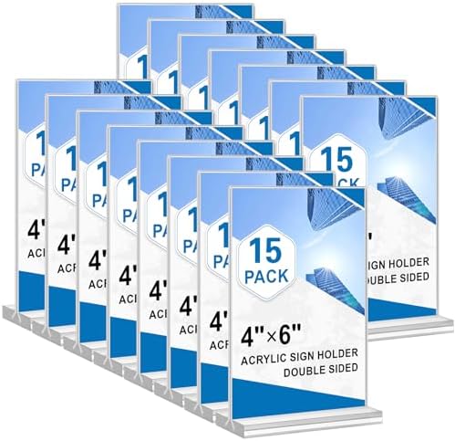 Acrylic Sign Holder 4x6, 15 Pack Clear Double Sided Menu Vertical Display Stand, Desktop Paper Holder Suitable for Restaurants, Office, Store, Show Fair by HRSDEIE
