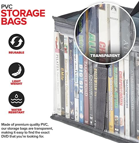 Stock Your Home DVD Storage Bags (Set of 6) Media Organizer Bag for DVDs, CDs, Blu Ray Disc, Movie Cases, VHS Box, Video Game Disks, Clear Plastic Holders with Carrying Handles and Zipper - Gray - Image 3