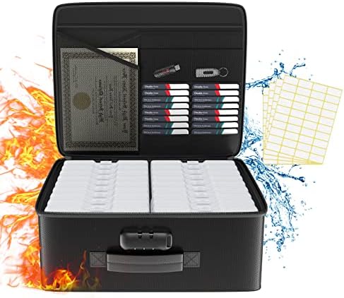 Fireproof Safe Photo Storage Box with 18 Inner 4" x 6" Clear Photo Cases, Portable Photo Organizer with Lock for Picture, Collapsible Photo Container with Handle and 18 Boxes 4 Sheet Label Stickers by Tamfile
