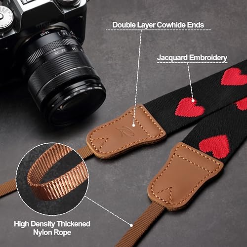 Padwa Lifestyle Red Hearts Camera Strap - 1.5" Crazy Horse Cowhide Head Cotton Strap,Vintage Embroidery Camera Straps for Photographers and All Cameras,Cute Adjustable Neck Strap for Adults & Kids - Image 2