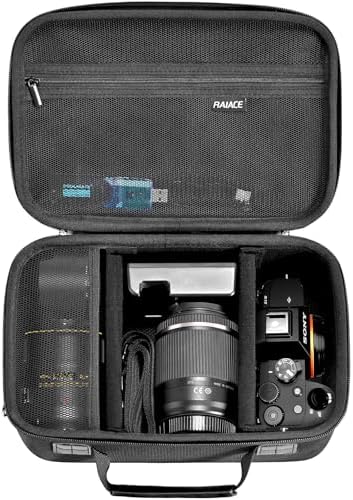 RAIACE Hard Case Compatible with Sony Alpha 7 II III IV/7R V Camera, for Nikon, for Canon, for Pentax and More.Large Capacity With Mesh Pocket for Lens, Charger, Cables, Cards and Accessories.-Black by RAIACE