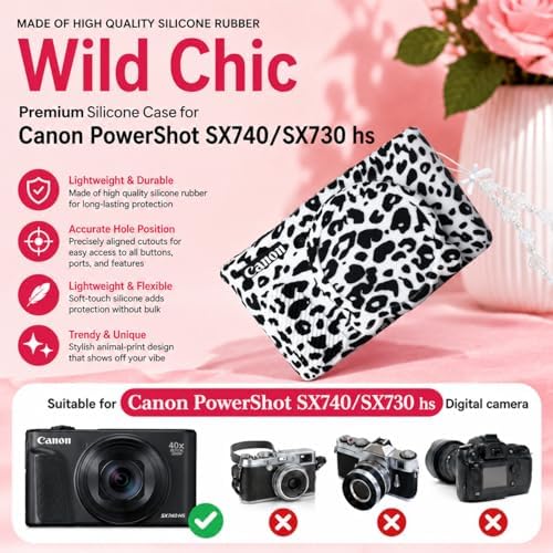 Cute Camera Case for Canon PowerShot SX740 HS/SX730 HS,Silicone Protective Cover with Removable Lens Cap,Wrist Strap & 2 Pack Tempered Glass Screen Protector for Women (White Leopard) - Image 2