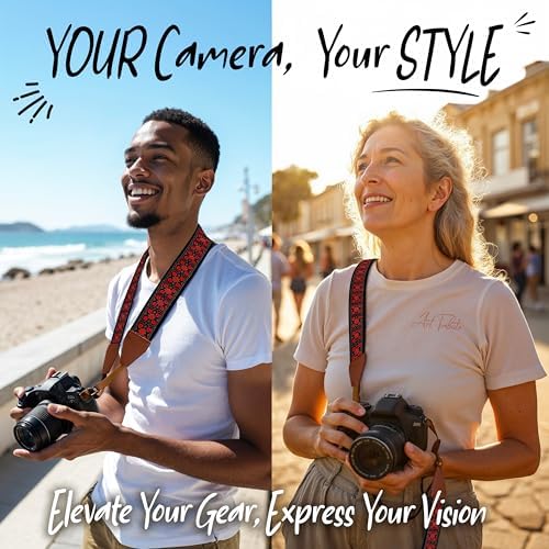 Art Tribute Camera Strap - Shoulder, Crossbody & Neck Camera Strap for Photographers, Fits All Cameras, Canon Nikon Sony Fujifilm, Padded Strap W/Quick Release, Embroidered Cotton & Leather Ends - Image 2