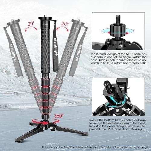 Manbily Mini Tripod Base for Monopods, 3/8" Screw Desktop Stand with Three Feet, Monopod Support, Travel for Ball Head Tripod/Fluid Head DSLR Camera Camcorder, Tilt 20° & Rotate 360° (Black) - Image 3