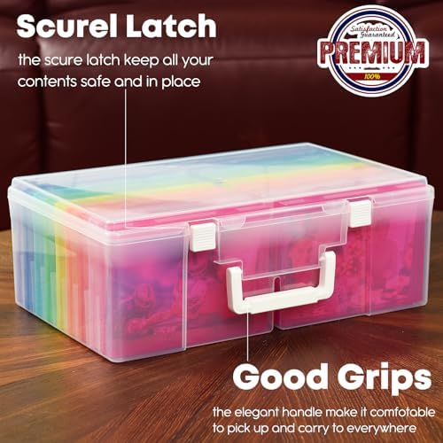 ALINK Photo Storage Box 5" x 7" with Handle, 18 pcs Inner Photo Container Organizer and Craft Keeper, Portable Picture Case with Label for Arts, Crafts, Sewing, Stickers, Office Supplies - Colored - Image 3
