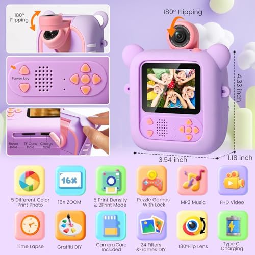 ARNSSIEN Kids Instant Print Camera for Toddlers 1080P 2.4in+180° Flip Lens - Image 2