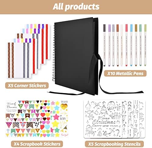 GOTIDEAL 12 x 12 Inch Scrapbook Album with 10 Metallic Markers, Black - Image 2