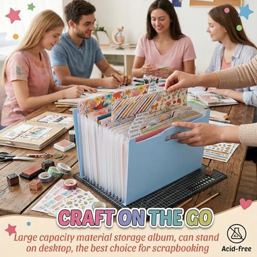 12x12 Scrapbook Paper Storage Organizer, Expandable 13 Pocket Desktop Paper Organizer Storage for Scrapbook Essentials, Large Scrapbook Storage for Photos, Washi Tape, Sticker (Light Blue) - Image 6