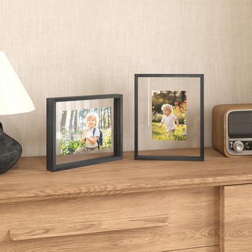 Egofine 8x10 Floating Frames Set of 2, Double Plexiglass Picture Frame, Made of Solid Wood Display Any Size Photo up to 8x10, Wall Mount or Tabletop Standing, Faded Black - Image 4