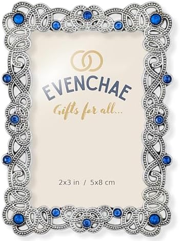 2x3 Mini Picture Frame: Silver Filigree + Blue Rhinestones by Evenchae
