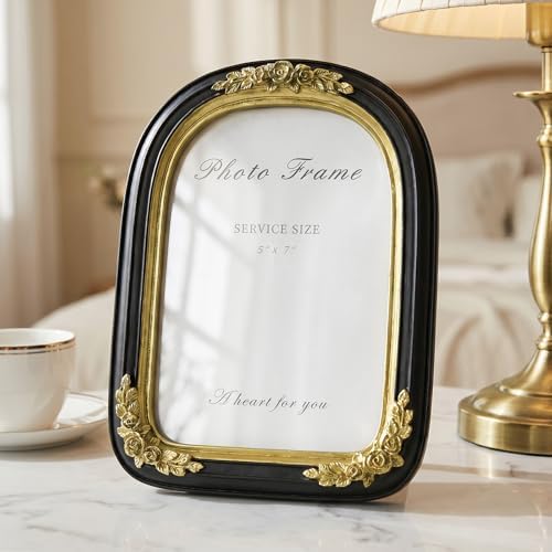 Cuspin 5x7 Picture Frame Black Gold Vintage Ornate Arched Resin Frame - Image 7