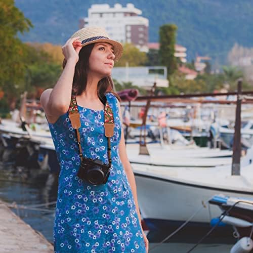 Padwa Lifestyle Green Flower Camera Strap for All DSLR Cameras,Double Layer Cowhide Ends,2" Wide Pure Cotton Embroidered Woven Camera Straps,Adjustable Neck & Shoulder Strap,Gift for Photographers - Image 4