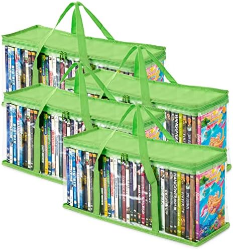 Stock Your Home DVD Storage Bags (Set of 4) Media Organizer Bag for DVDs, CDs, Blu Ray Disc, Movie Cases, VHS Box, Video Game Disks, Clear Plastic Holders with Carrying Handles and Zipper - Green by StockYourHome