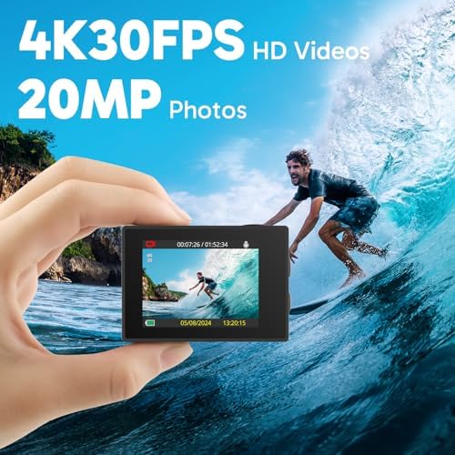 AKASO EK7000 4K30FPS 20MP WiFi Action Camera with 64GB MicroSD Memory Card Bundle EIS Ultra HD 131FT Waterproof Underwater Camera Remote Control 4X Zoom Support External Microphone Black - Image 2