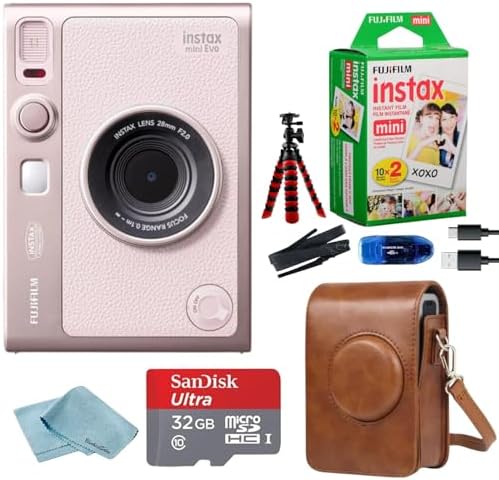 Fujifilm Instant Mini EVO Hybrid Camera Bundle with 20 Instant Film Sheets + 32GB Memory Card + Carrying Case + Flex Tripod + BluebirdSales Cleaning Cloth (Gentle Pink) by FUJIFILM