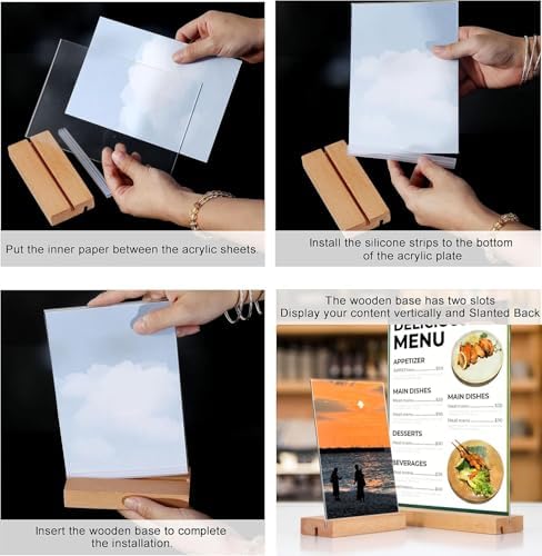 newnewshow 5"x7" Acrylic Sign Holder with Wood Base Wood Sign Holder Vertical or Slant Back Display for Store Office Wedding (3pack) - Image 3