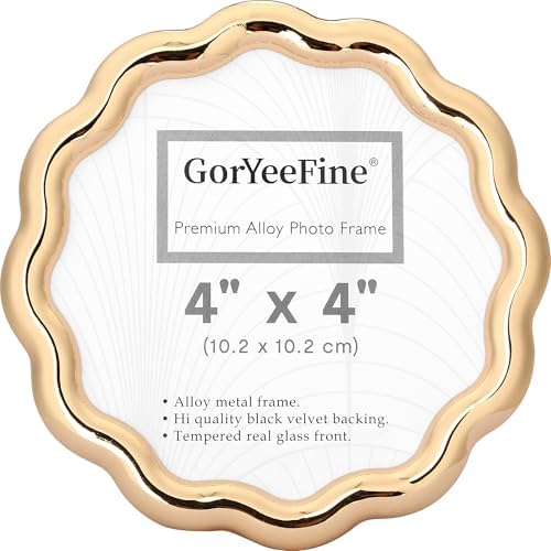 High-End Gold 4x4'' Round Zinc Alloy Picture Frames,Unique Wave Design,Heavy Weight Photo Frame with Premiunm Soft Velvet & Backing for Tabletop or Home Decor by GorYeeFine