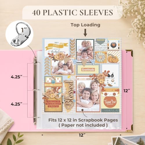Vienrose Large 3 Ring Scrapbook Album 14.2 x 13 Inch, Textured Paper Cover DIY Photo Album with 20 Plastic Sleeves for Photos Baby Travel Wedding Anniversary Pink - Image 3