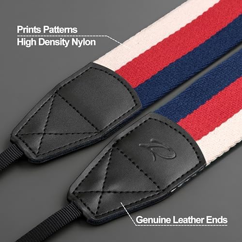 Padwa Lifestyle Stripes Camera Strap - 2" Wide Genuine Leather Ends Camera Straps for Photographers, Vintage Blue, Red, and white Stripes Nylon Strap with Camera Quick Release fits All Cameras - Image 2