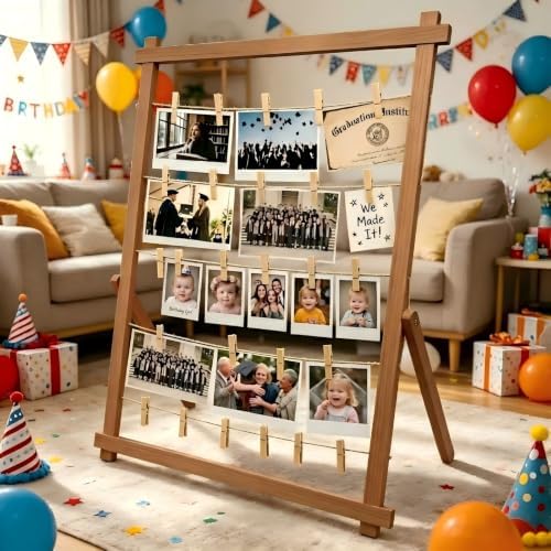2026 Graduation Decorations Freestanding Wooden Photo Display Board with Clips - Class of 2026 Graduation Centerpiece Table Decorations,Large Picture Frame Collage Holds 30+ Photos (Walnut) - Image 4