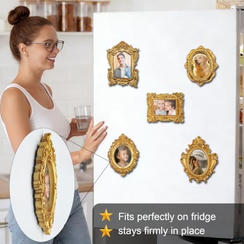 Mini Gold Magnetic Picture Frames for Refrigerator, 5 Small Vintage Photo Frames with Soft Magnet Backing, Victorian Style Decor for Kitchen Office Home - Image 4