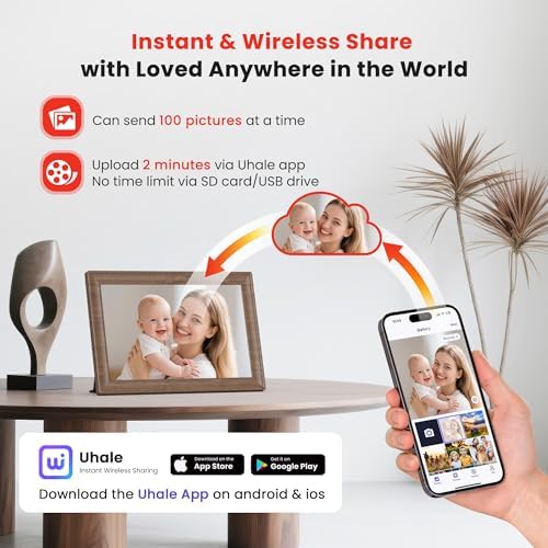 Uhale 10.1 Inch Digital Picture Frame 32GB Momery Wooden WiFi Electronic Photo Frame IPS HD Touch Screen Display Share Photos/Videos Instantly Anywhere Gifts for Mom Dad Grandparents - Image 2