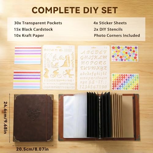 Vintage PU Leather DIY Scrapbook, 6-Ring Refillable 180° Lay Flat Photo Album Holds 220 4x6 Photos, 25 Blank Pages, Gift for Wedding Baby Travel Family- Brown - Image 2