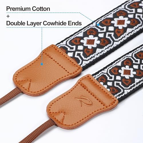 Padwa Lifestyle Brown Flower Camera Strap - 2" Cowhide Leather Head Cotton Camera Straps for Photographers,Vintage Jacquard Embroidery Adjustable Neck & Shoulder Strap for ALL DSLR/SLR Cameras - Image 3